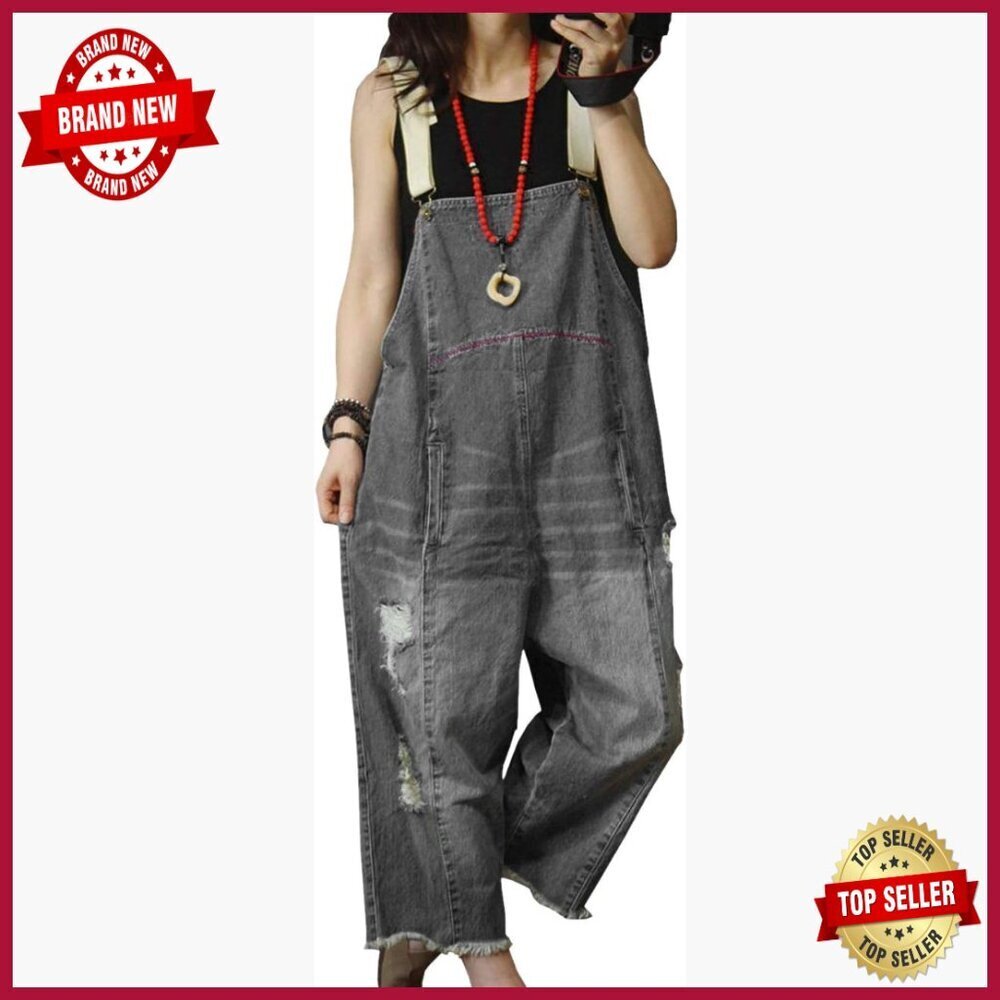 Loose Cropped Denim Overalls Distressed Ripped Fringed Pockets
